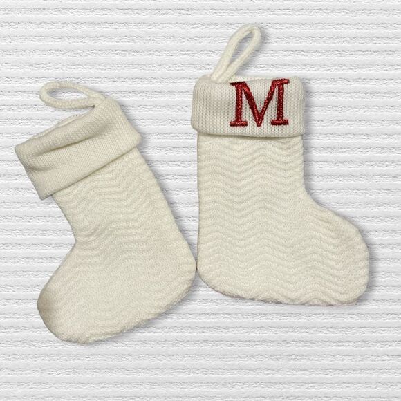 NWOT 2 Christmas Knit Mini Stocking Monogram Letter "M" - Size 7"- White/Red - Picture 2 of 4